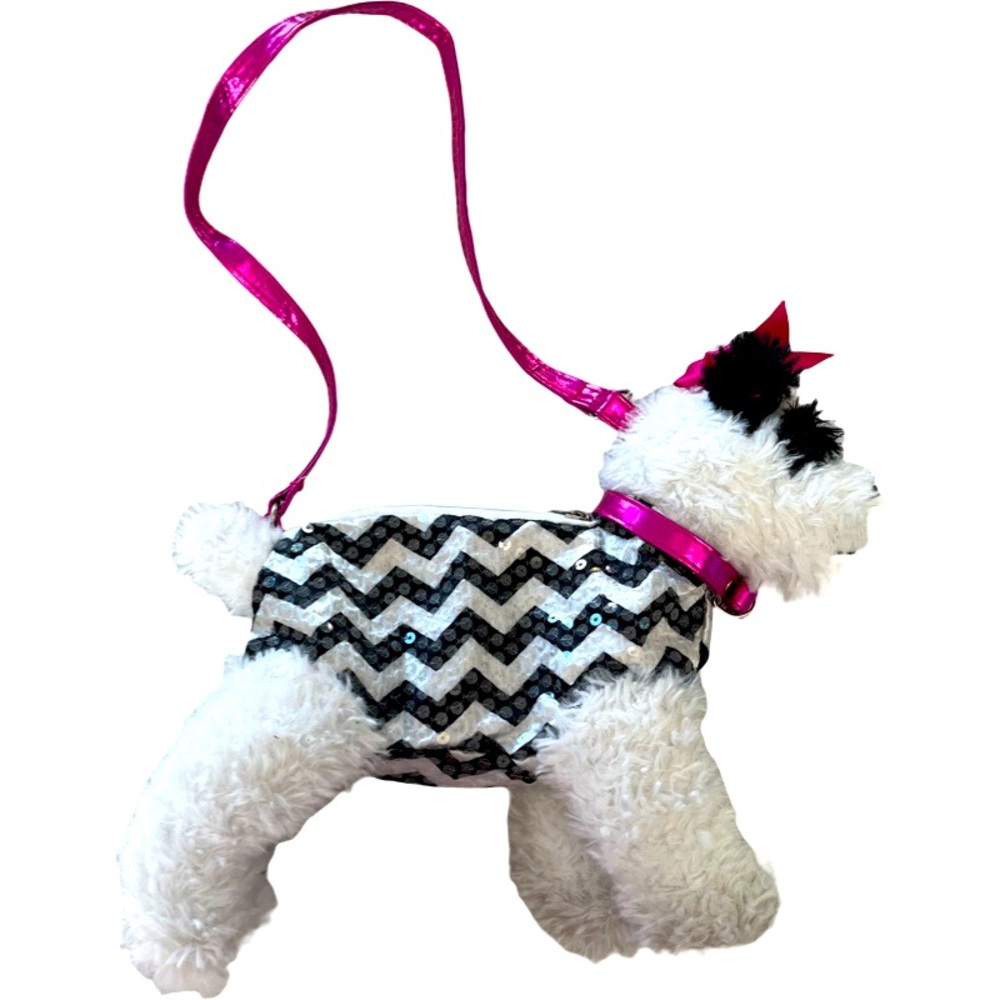 Poochie & Co. plush dog puppy purse with black & white sequins.